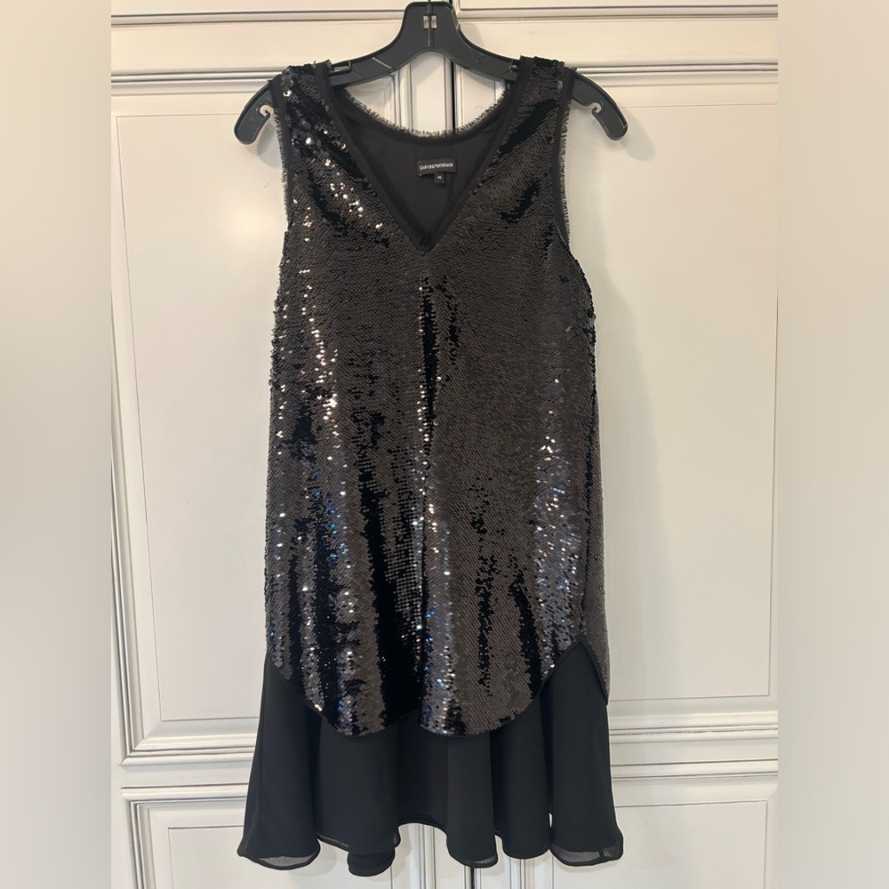 Emporio Armani black sequin flip dress with ruffle trim sleeveless